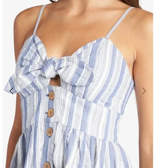 Roxy Blue White Stripe Tie Front Button Front Mini Dress Pockets Size M NWT‎